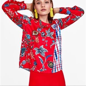 Zara Woman Red Blue Plaid Patchwork Top Floral M